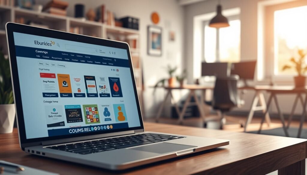 An e-commerce business selling digital products on a clean, modern website. In the foreground, a laptop display shows the online storefront, featuring various digital goods like ebooks, courses, and software. The middle ground depicts a professional workspace with a desk, chair, and office supplies, conveying a sense of productivity and organization. The background showcases a warm, cozy home office setting with natural lighting filtering through windows, creating a peaceful and inviting atmosphere. The overall scene radiates a balanced blend of technology, professionalism, and personal comfort, reflecting the efficiency and reliability of a thriving digital resale enterprise.