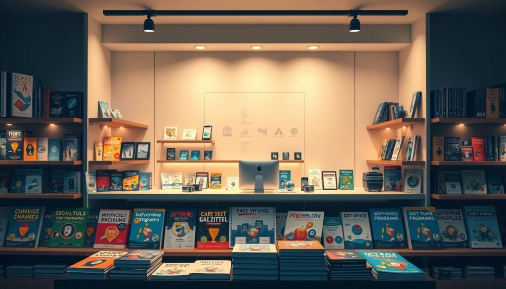 An e-commerce storefront with various digital products arranged neatly on shelves. In the foreground, a set of high-quality, visually appealing info-product icons and thumbnails, ranging from ebooks and online courses to software tools and membership programs. The middle ground features a clean, modern interface with intuitive navigation, showcasing different categories and offers. The background depicts a minimalist, well-lit workspace with subtle, warm lighting, hinting at the behind-the-scenes effort required to build a successful affiliate marketing business. The overall atmosphere conveys professionalism, credibility, and the potential for passive income through the effective promotion and sale of digital information products. An e-commerce storefront with various digital products arranged neatly on shelves. In the foreground, a set of high-quality, visually appealing info-product icons and thumbnails, ranging from ebooks and online courses to software tools and membership programs. The middle ground features a clean, modern interface with intuitive navigation, showcasing different categories and offers. The background depicts a minimalist, well-lit workspace with subtle, warm lighting, hinting at the behind-the-scenes effort required to build a successful affiliate marketing business. The overall atmosphere conveys professionalism, credibility, and the potential for passive income through the effective promotion and sale of digital information products.