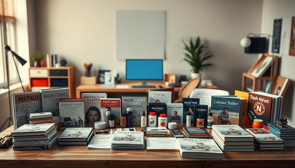 An elegant arrangement of various digital and physical products on a wooden table, illuminated by warm, natural lighting. In the foreground, a diverse selection of high-quality infoproducts, e-books, and online courses neatly displayed. In the middle ground, carefully curated consumer products and merchandise relevant to the affiliate marketing industry. The background features a clean, minimalist workspace with a laptop, office supplies, and a sense of professionalism and attention to detail. The overall composition conveys a balanced, trustworthy, and visually appealing presentation of products to protect one's online reputation.