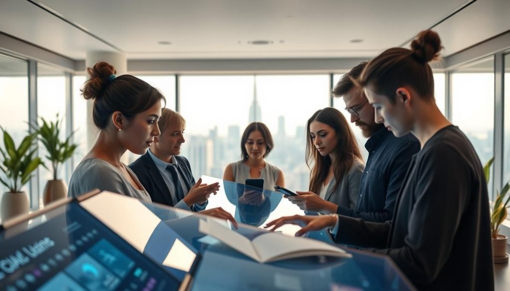 An ultra-modern user experience design studio with a clean, minimalist aesthetic. In the foreground, a group of tech-savvy individuals intently engaged with sleek touchscreen displays, their expressions focused and collaborative. The middle ground features a large, panoramic window offering a captivating city skyline backdrop, bathed in warm, diffused lighting. Subtle accent pieces, such as potted plants and abstract sculptural forms, add depth and visual interest to the refined, high-tech setting. The overall mood is one of innovation, productivity, and a deep understanding of the user's needs and desires.