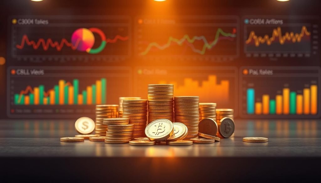 Comissões, cookies e pagamentos: a visual exploration of the key elements that impact digital affiliate marketing revenue. A central table showcases stacks of gold coins, representing commissions, with surrounding cookies and payment icons. The scene is lit by warm, ambient lighting, creating a sense of profitability and financial success. In the background, a data visualization dashboard displays charts and graphs, highlighting the analytical aspects of this domain. The overall composition conveys the interconnected nature of these factors and their influence on long-term affiliate marketing outcomes.
