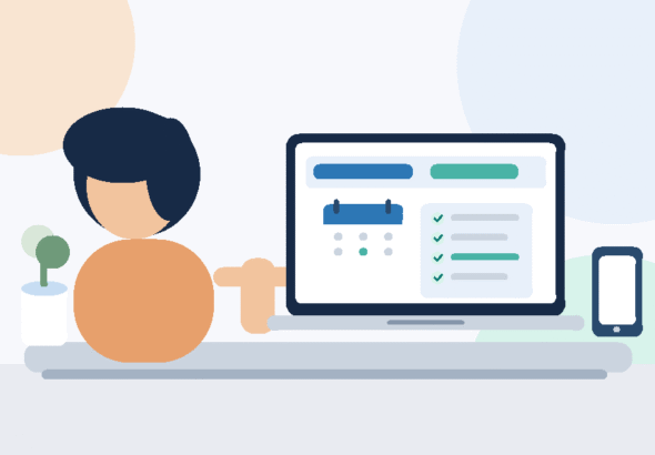 Ilustração original de assistente virtual organizando agenda e tarefas no notebook em home office