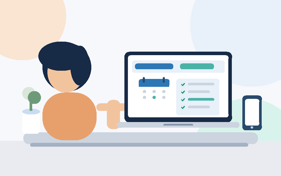 Ilustração original de assistente virtual organizando agenda e tarefas no notebook em home office