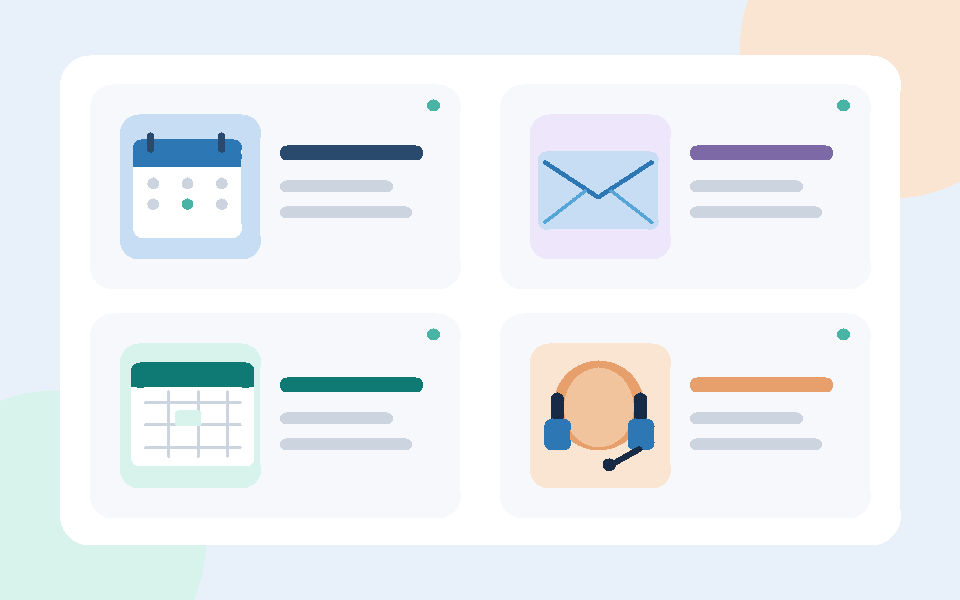 Ilustração original com quatro atividades de assistente virtual: agenda, e-mail, planilhas e atendimento