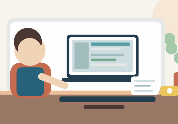 Ilustração original de freelancer conferindo valores e contrato em um notebook