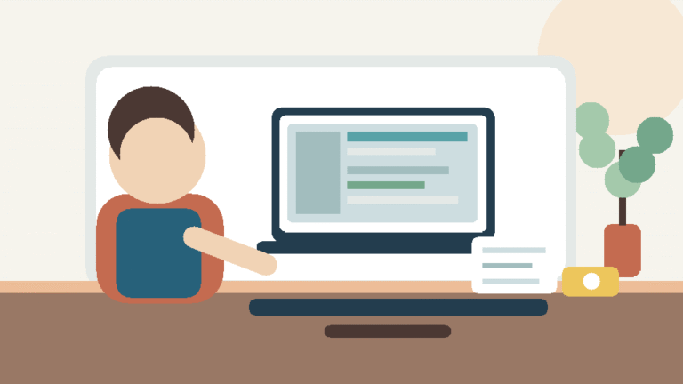 Ilustração original de freelancer conferindo valores e contrato em um notebook