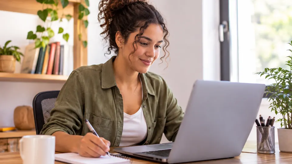 Profissional revisando anotações e currículo no computador