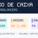Ilustração original do fluxo de caixa de freelancer com entradas, saídas e saldo ilustrativos