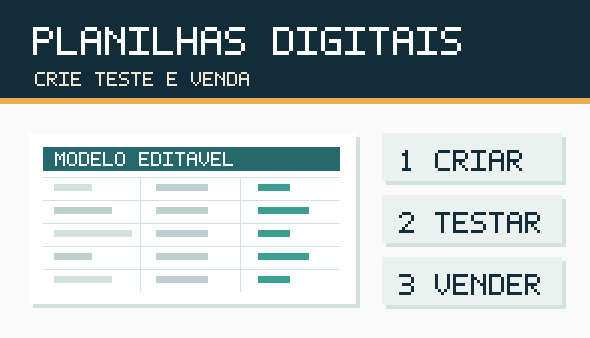 Ilustração original de planilha editável com etapas criar, testar e vender