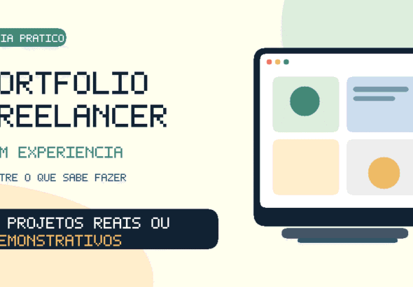 Ilustração original com notebook e projetos demonstrativos para portfólio freelancer