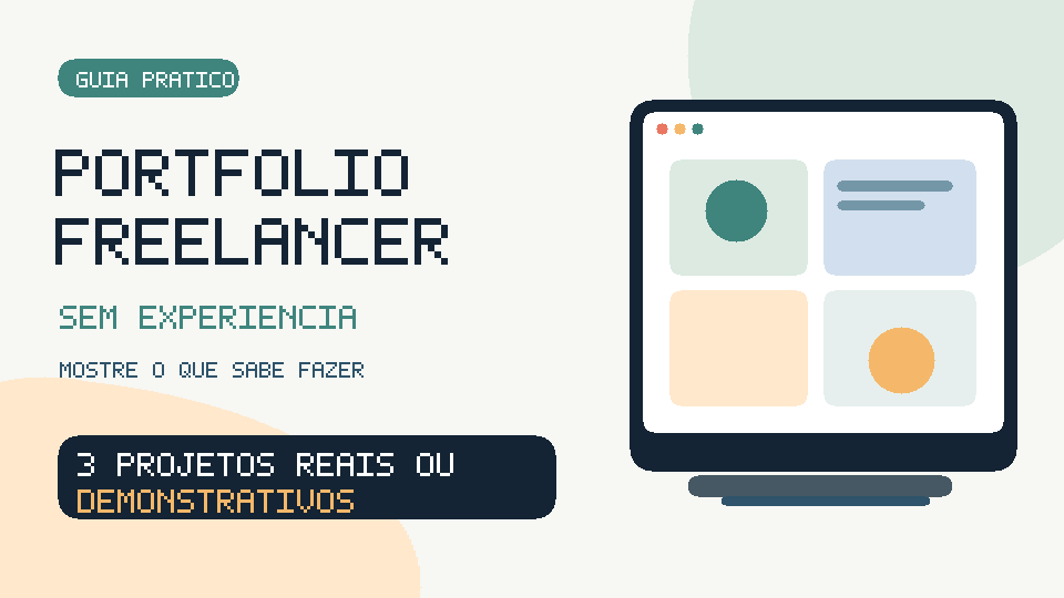 Ilustração original com notebook e projetos demonstrativos para portfólio freelancer