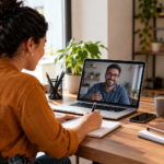 Profissional freelancer em videochamada com possível cliente em um escritório em casa