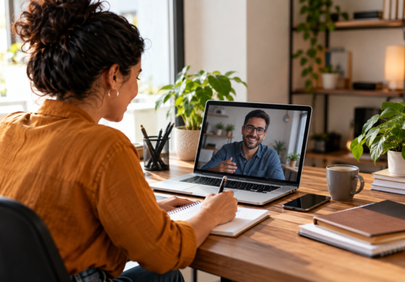 Profissional freelancer em videochamada com possível cliente em um escritório em casa
