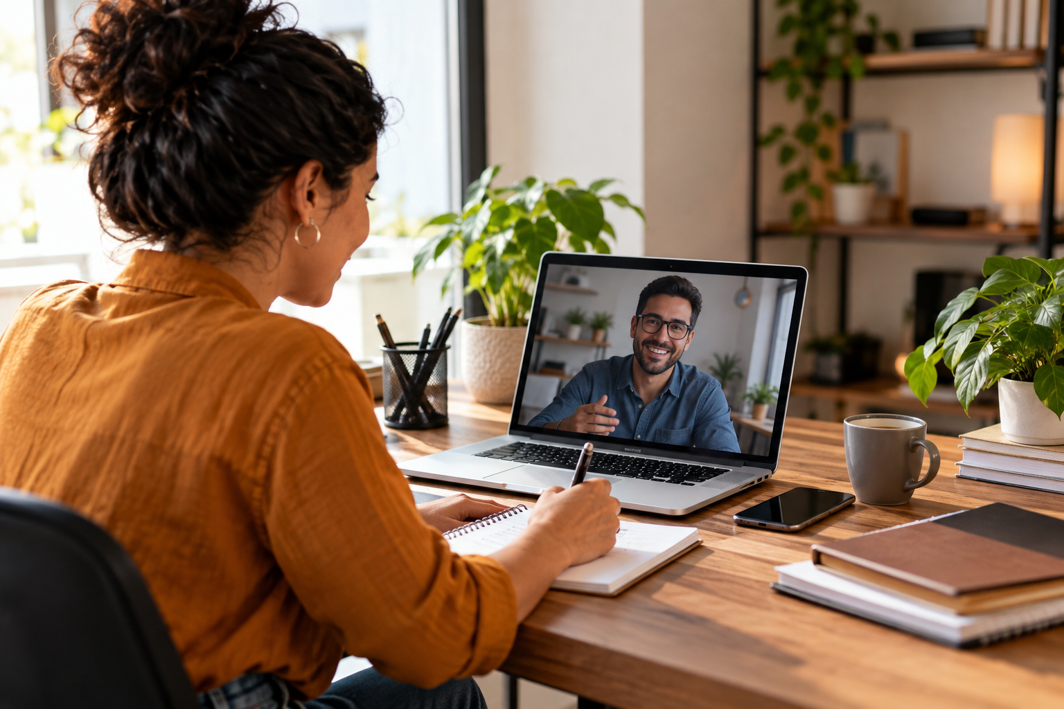 Profissional freelancer em videochamada com possível cliente em um escritório em casa
