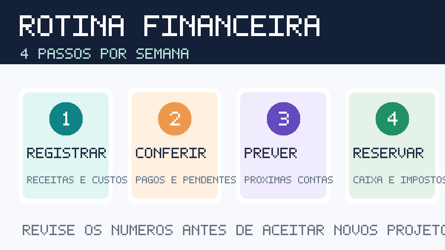 Infográfico original com quatro passos para organizar o dinheiro do trabalho freelancer