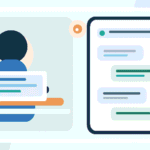 Ilustração original de empreendedora com notebook e celular e conversas organizadas no atendimento
