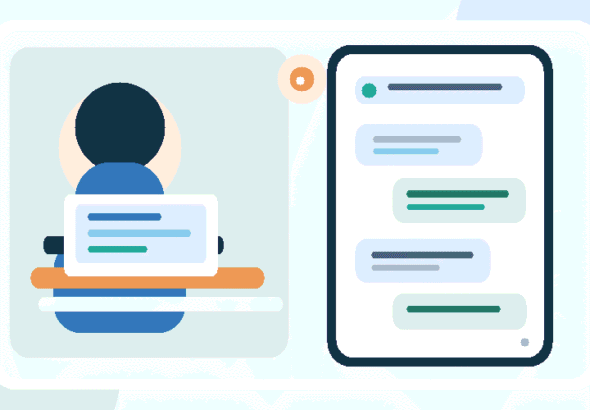 Ilustração original de empreendedora com notebook e celular e conversas organizadas no atendimento