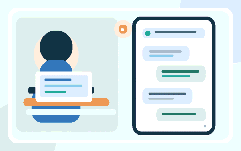 Ilustração original de empreendedora com notebook e celular e conversas organizadas no atendimento