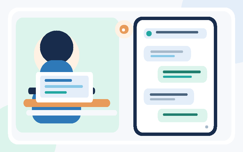Ilustração original de empreendedora com notebook e celular e conversas organizadas no atendimento